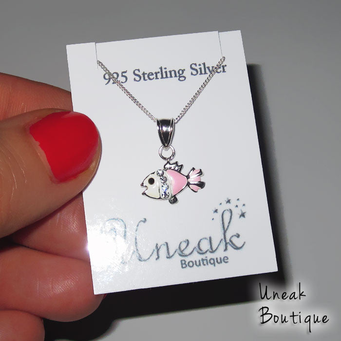 Girls Pink and White Enamel Fish Pendant with Crystal