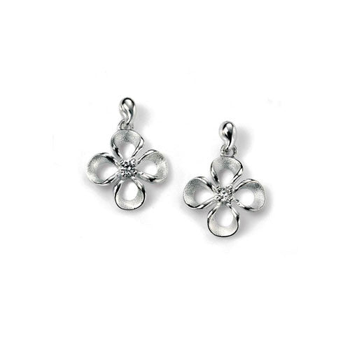 Brushed Silver Four Leaf Clover Earrings with Cubic Zirconia