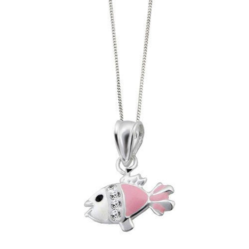 Girls Pink and White Enamel Fish Pendant with Crystal