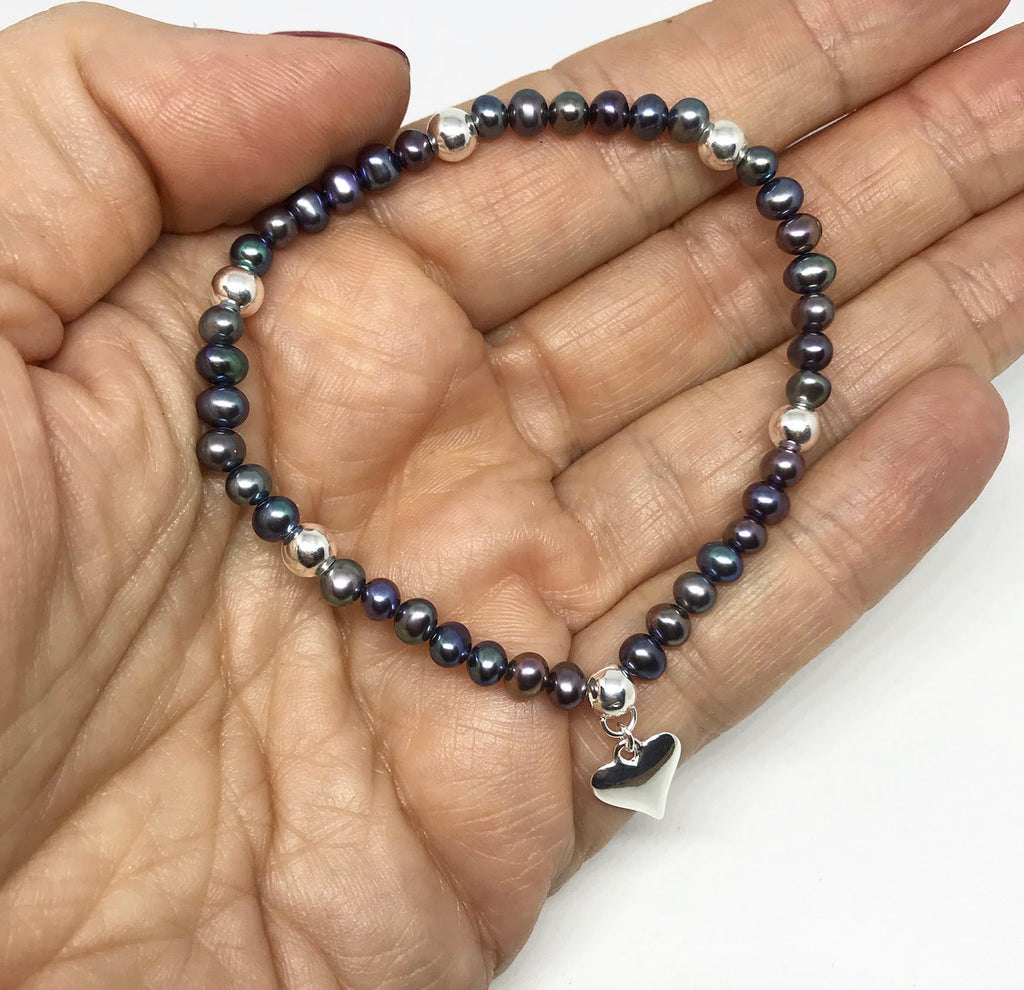 Black Peacock Pearl Bracelet with Silver Heart Charm