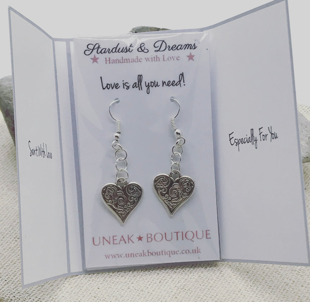 Silver Scroll Heart Earrings