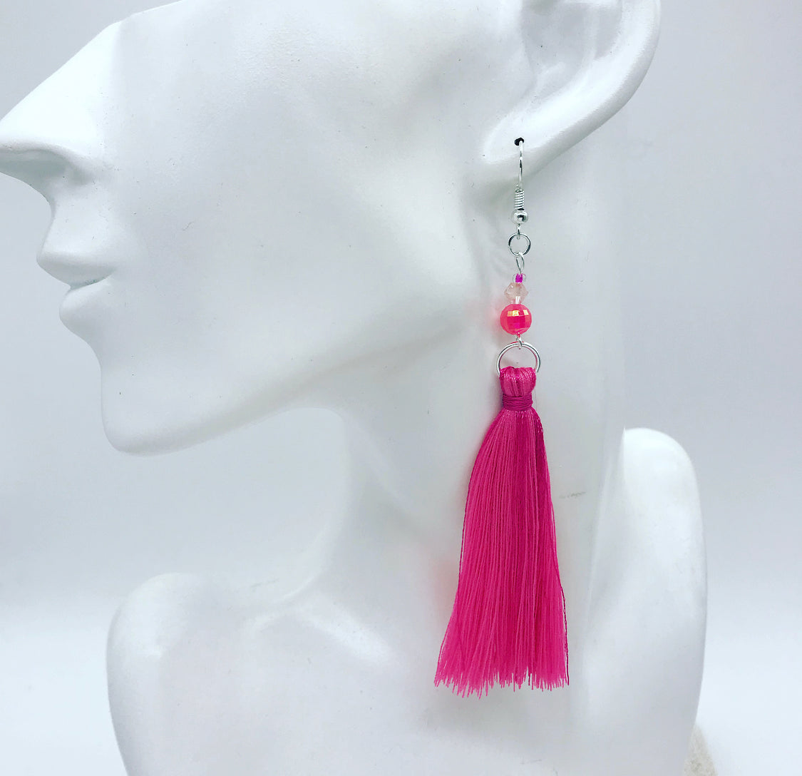 Neon pink tassel earrings clearance