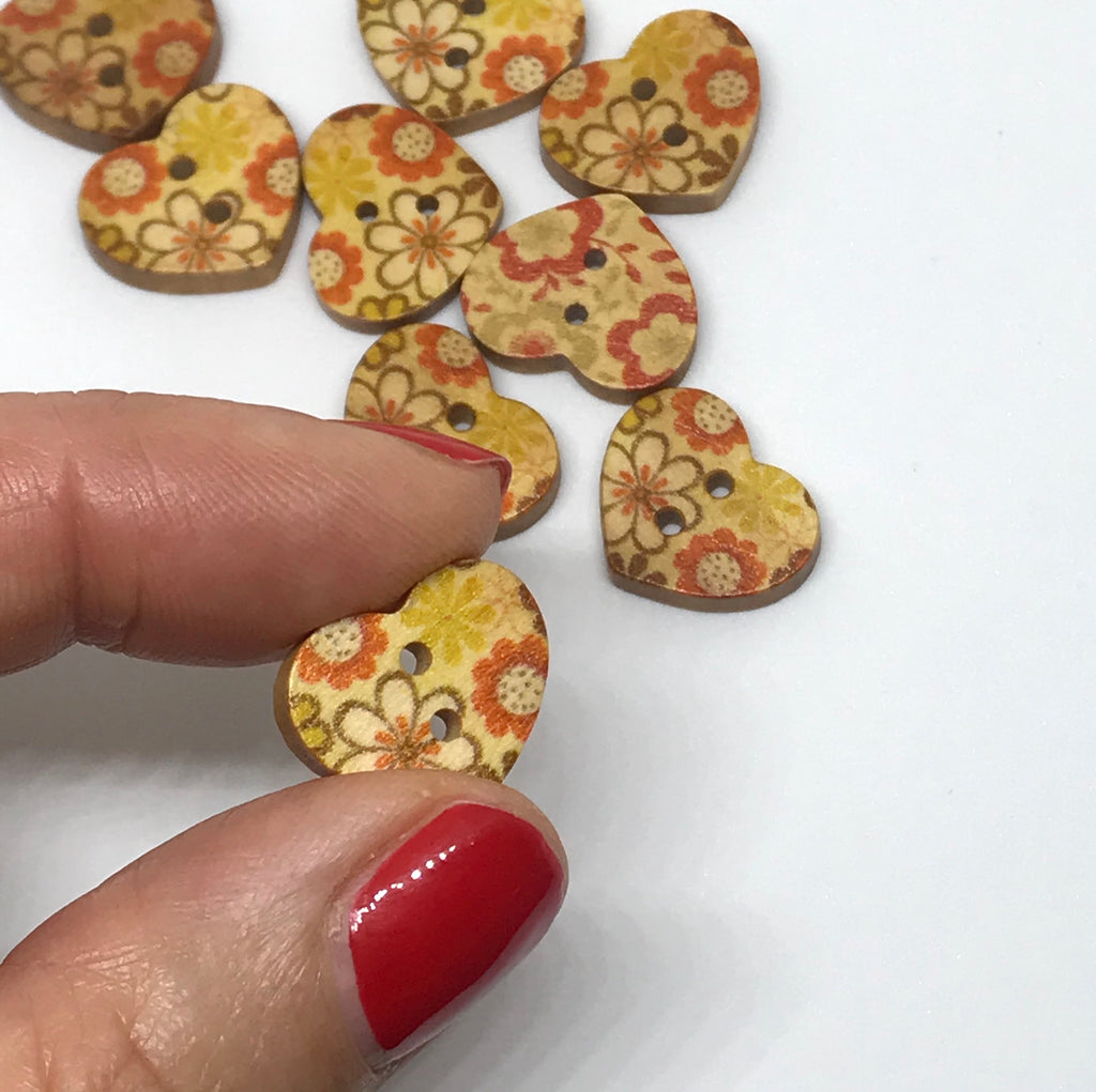 Mustard Floral Heart Wooden Buttons