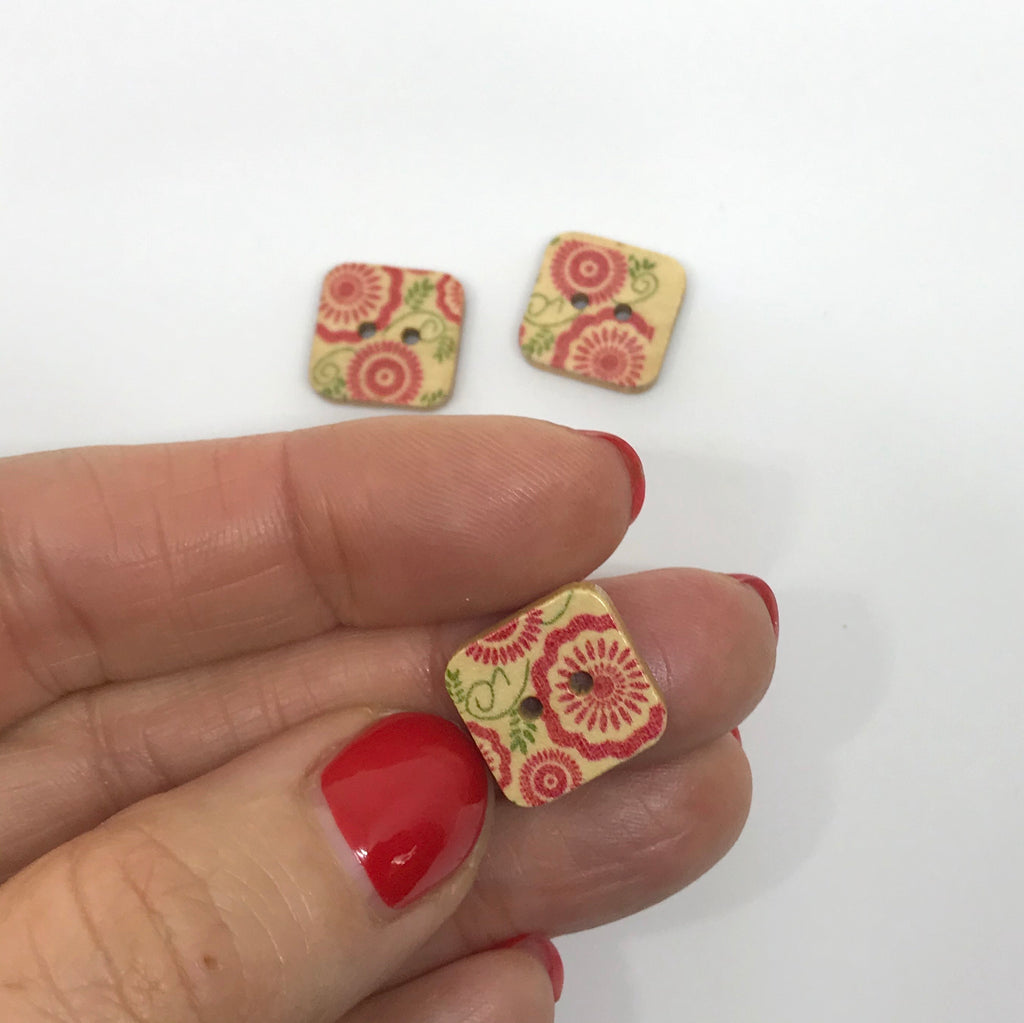 red woodeb floral square buttons