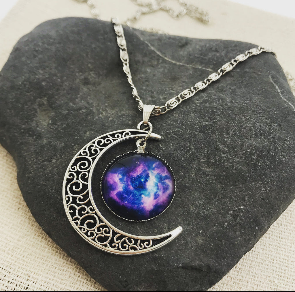 Blue Galaxy Moon Pendant