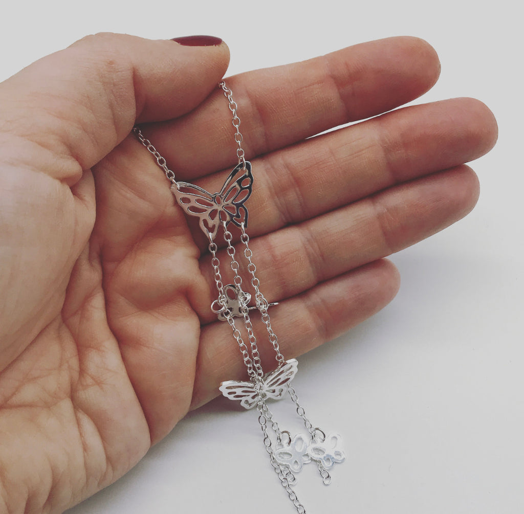 Strands of Silver Butterfly Necklace