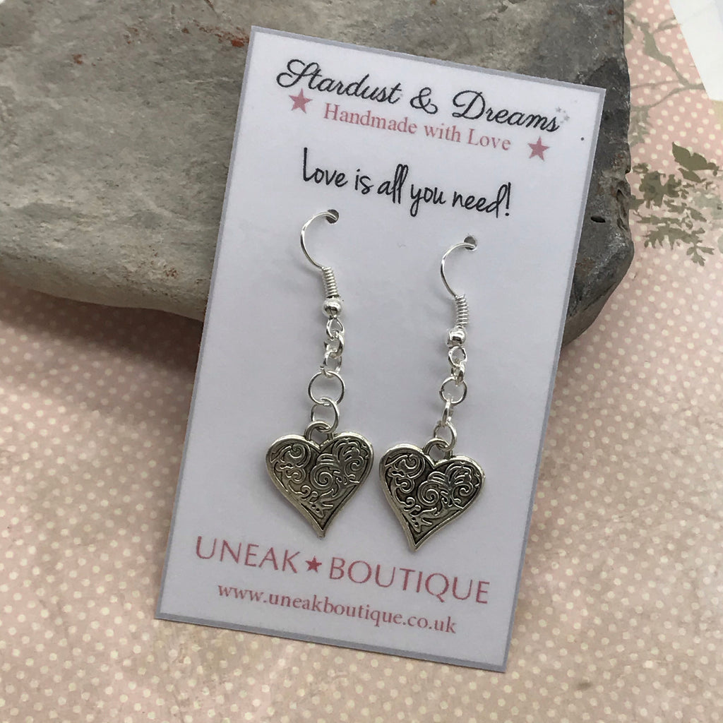 Silver Scroll Heart Earrings