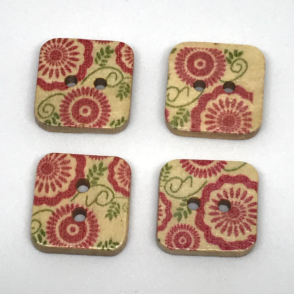 red woodeb floral square buttons