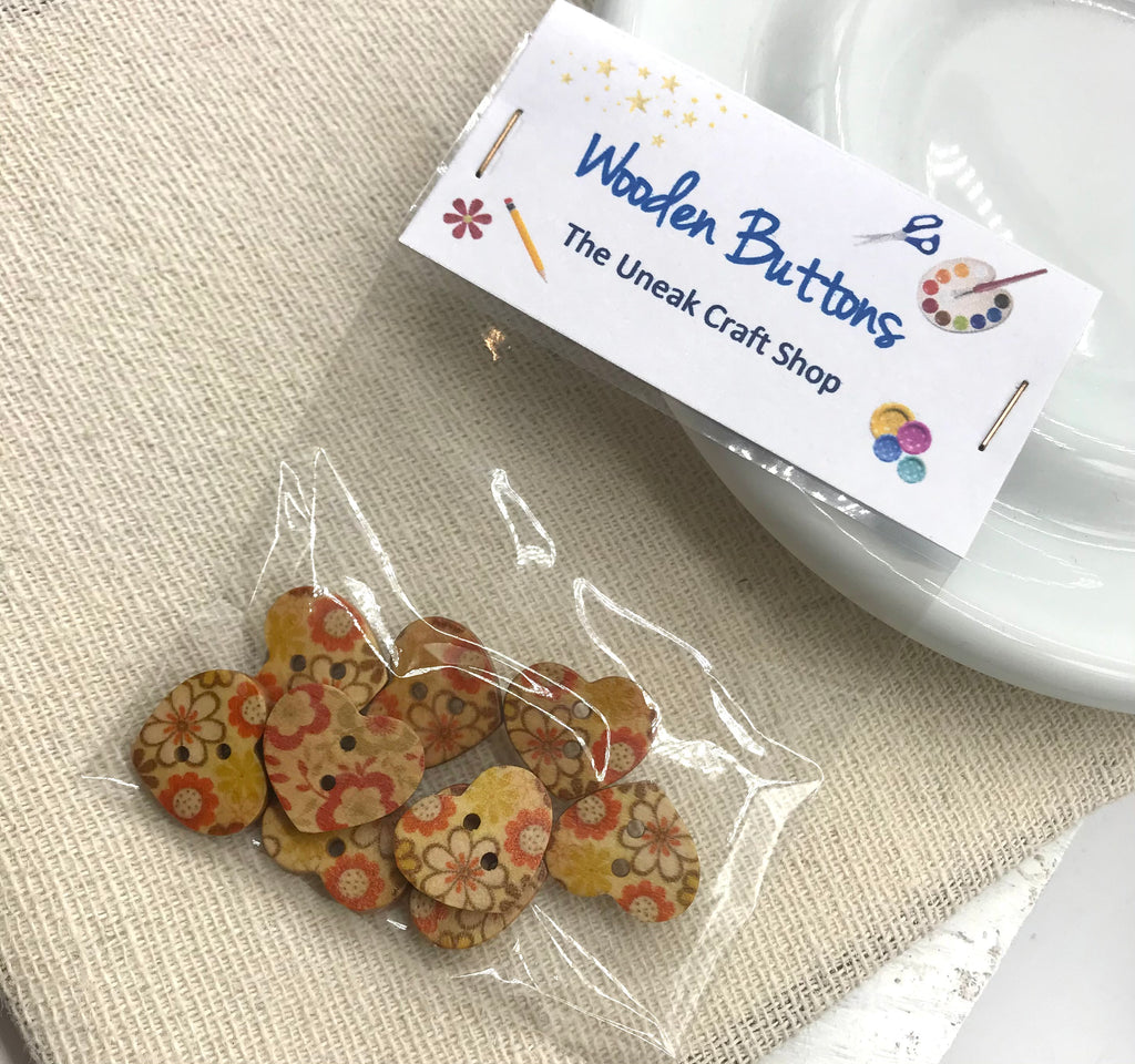 Mustard Floral Heart Wooden Buttons