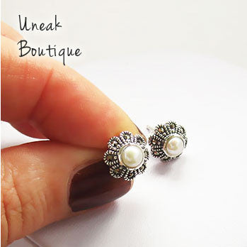 White Pearl Flower Marcasite Earrings