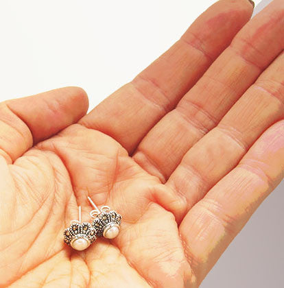 White Pearl Flower Marcasite Earrings