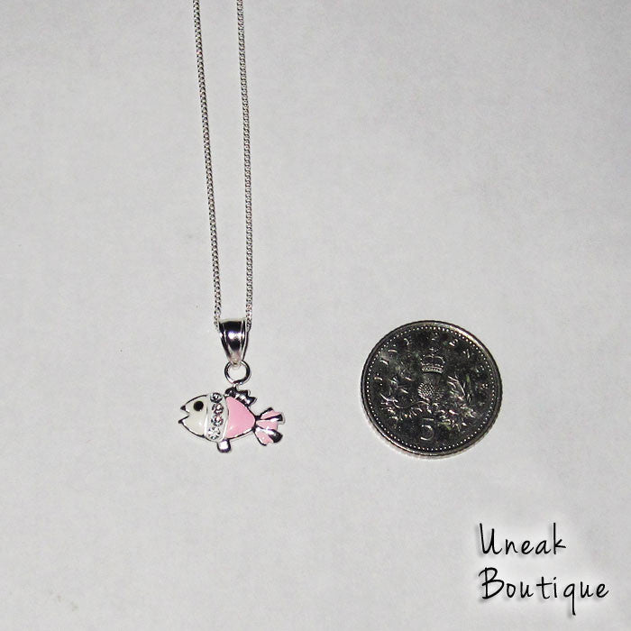 Girls Pink and White Enamel Fish Pendant with Crystal