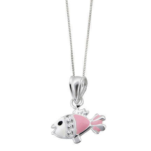 Girls Pink and White Enamel Fish Pendant with Crystal