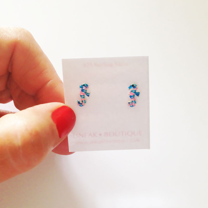 Sterling Silver Pink and Blue Seahorse Stud Earrings 