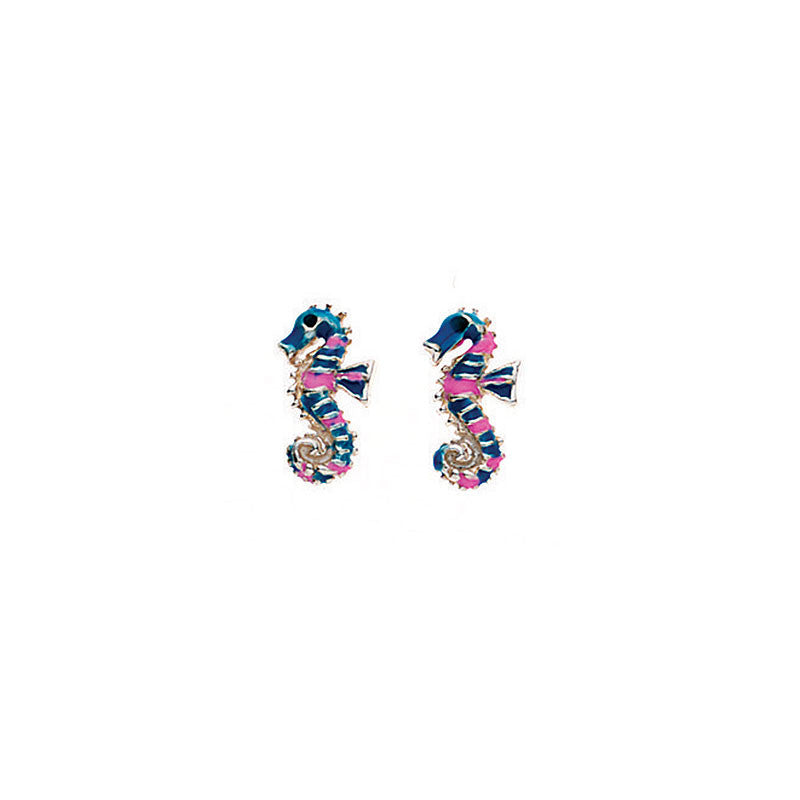 Sterling Silver Pink and Blue Seahorse Stud Earrings 