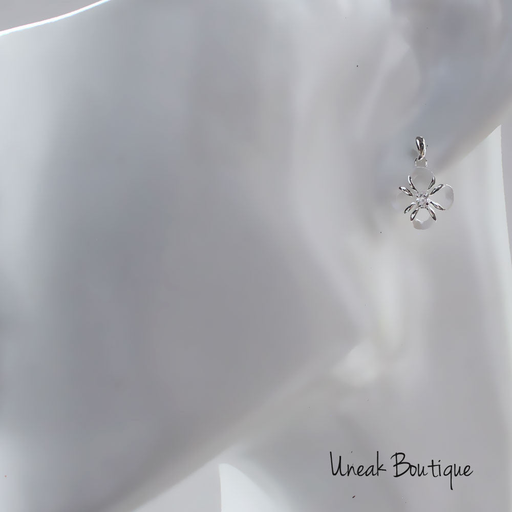 Brushed Silver Four Leaf Earrings with Cubic Zirconia