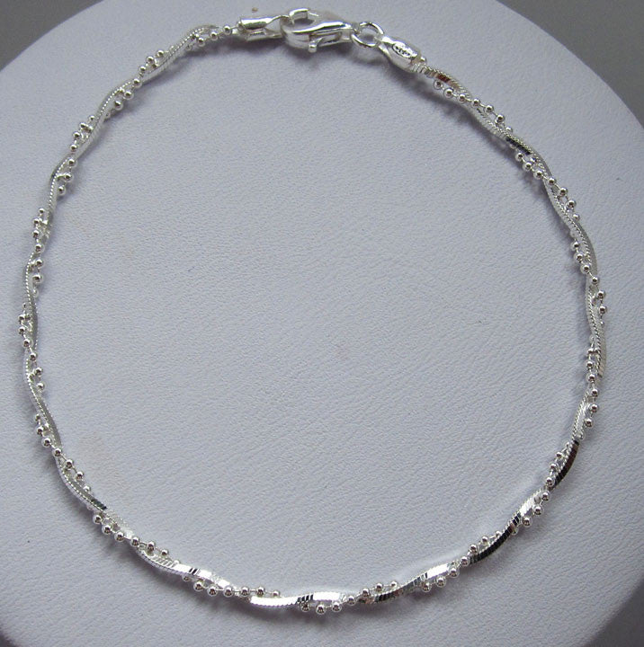 Square Snake Chain Silver Bracelet with Silver Beads