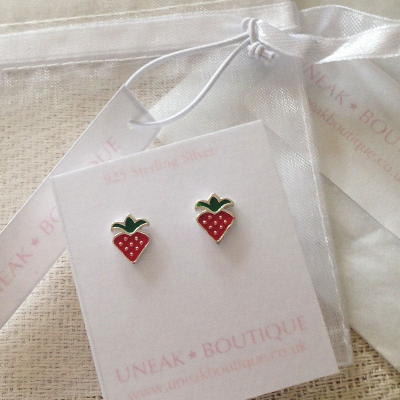 Red Enamel Strawberry Kids Earrings