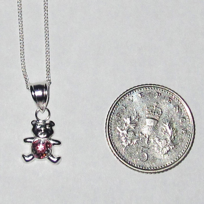 Girls Sterling Silver Bear Pendant with Pink Crystals